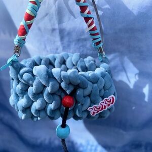 Handcrafted Chunky Knit Blue Crossbody Bag with XOXO Patch